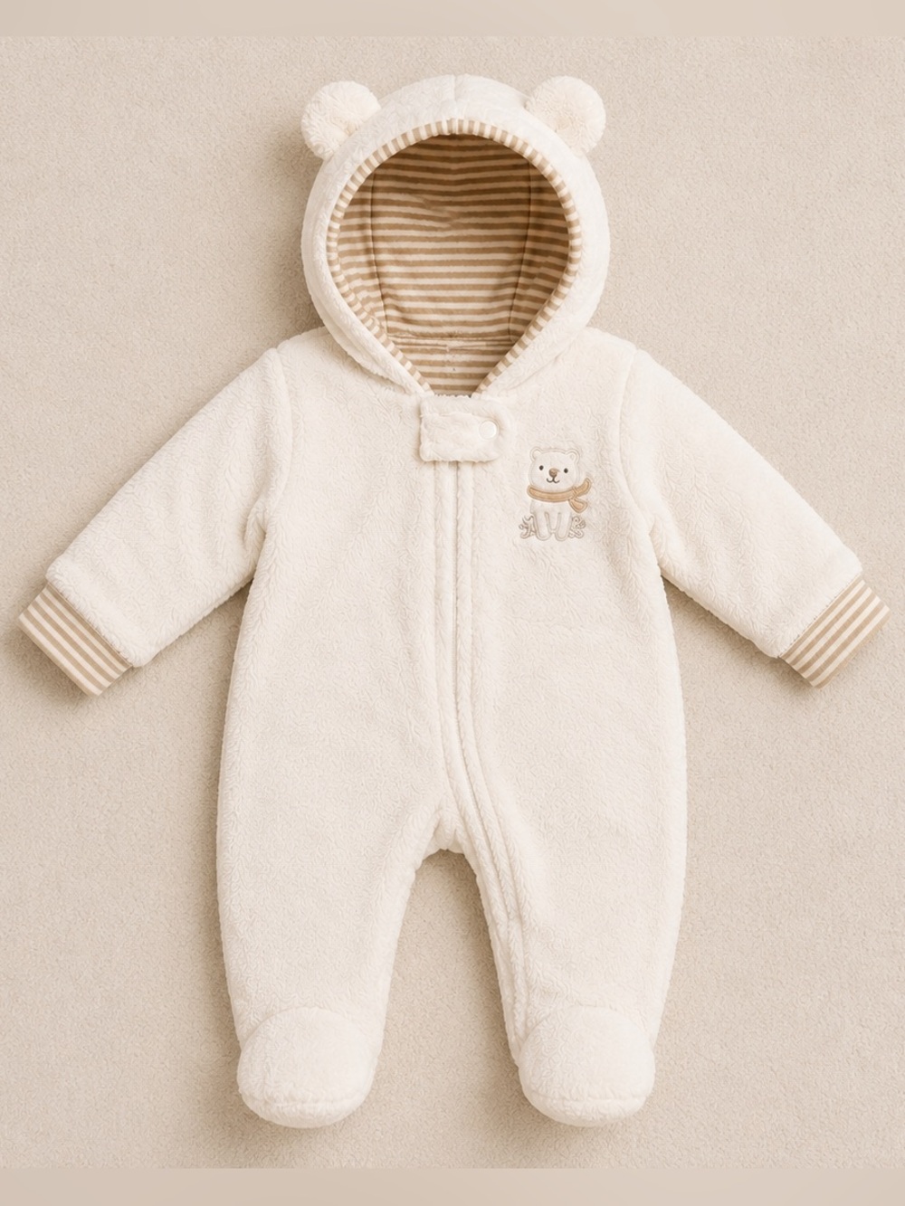 CARTER’S VELOUR HOODED JUMPSUIT - IVORY SIZE 3 MONTHS (NEW WITH TAGS) A14
